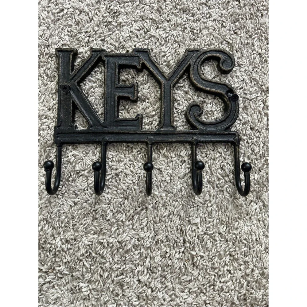 KEYS Entryway Wall Decor Hanger Cast Iron Key Organizer 5 Hooks 7.5